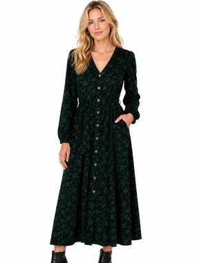Michael Kors Dark Green Floral Button-Front Long Sleeve Dress